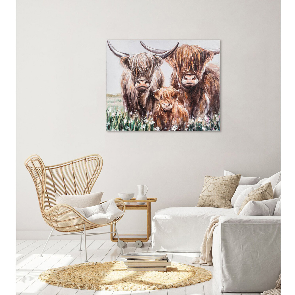 Hand Painted Highland Cow Family Canvas - Multicolour Image 2