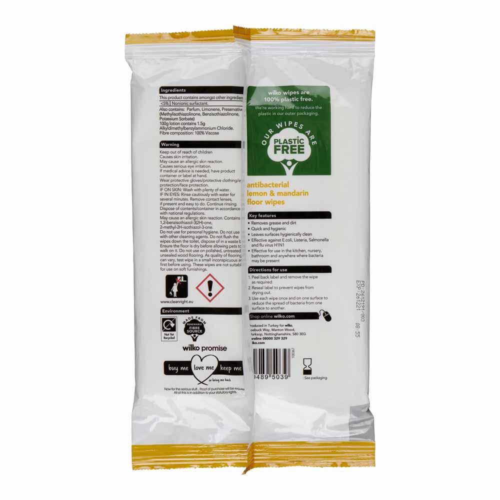 Wilko Plastic Free Antibacterial Lemon Floor Wipes 15pk Image 2
